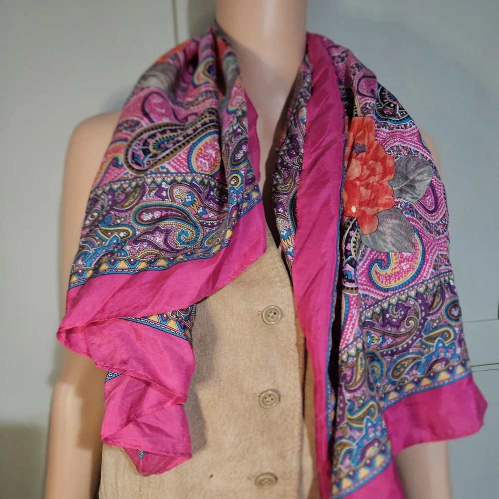 Adrienne Vittadini 100% Silk Paisley Floral Scarf Wrap Shawl. Magenta Pink Multi